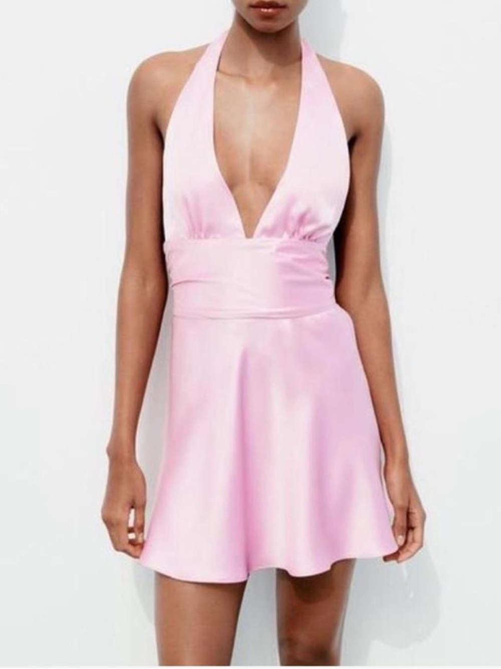 Zara Light Pink Halter Satin Mini Dress